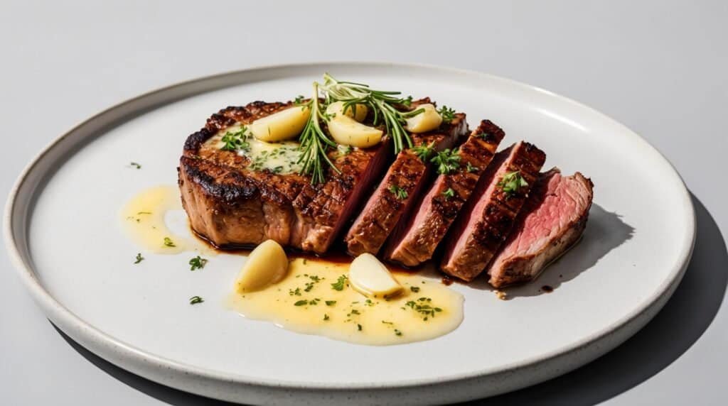 A plated dish featuring a sliced, medium-rare steak garnished with garlic cloves, rosemary, and drizzled with a buttery sauce, set on a white plate.