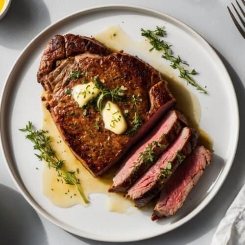 A cooked steak garnished with butter and herbs is served on a white plate along with sprigs of rosemary, a fork, garlic bulbs, and a small bowl of yellow sauce.