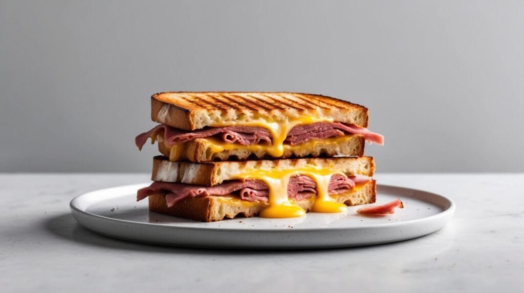 A grilled cheese and ham sandwich cut in half, stacked on a white plate. The cheese is melted, oozing out between slices of toasted bread and ham. The background is a plain gray.