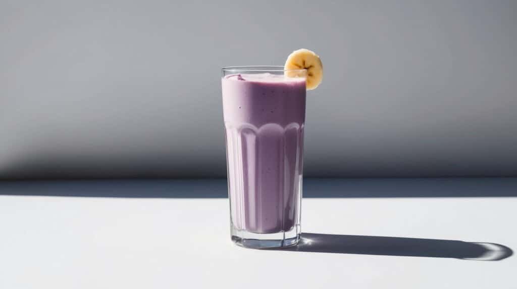 A tall glass of lavender-colored vegan protein shake garnished with a banana slice on the rim, placed on a white surface with a shadow cast to the side. Perfect for a post-workout refreshment.