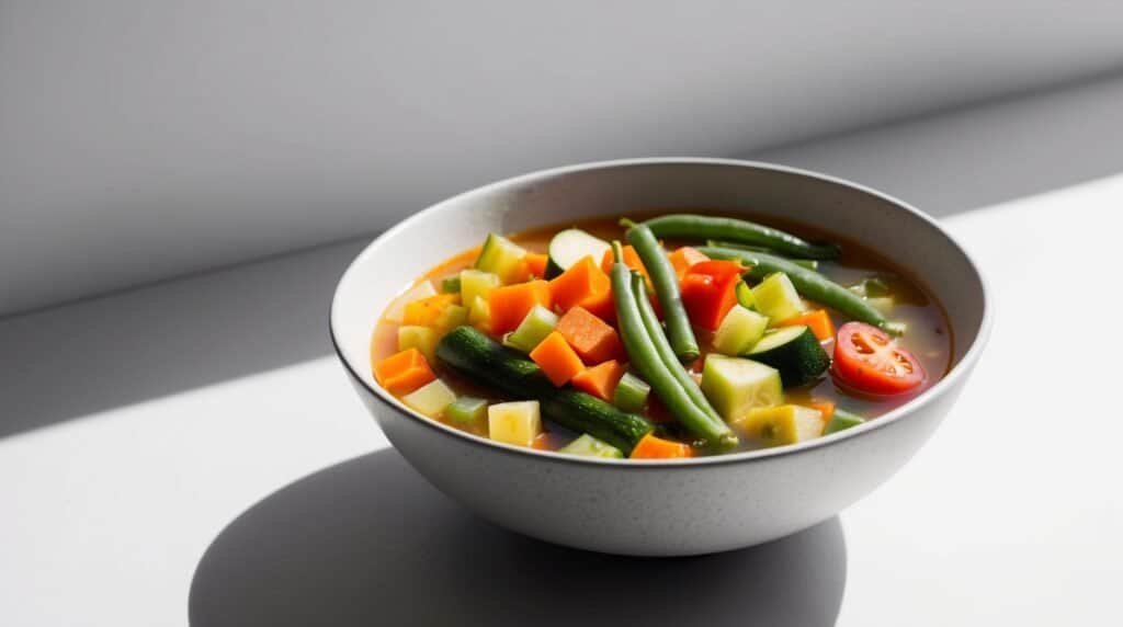 A bowl of vegetable soup with green beans, zucchini, carrots, tomatoes, and potatoes, garnished with fresh herbs.