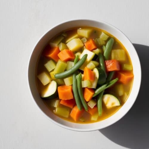 A bowl of vegetable soup containing carrots, green beans, zucchini, celery, and yellow squash with a hint of fresh herbs on a white surface.