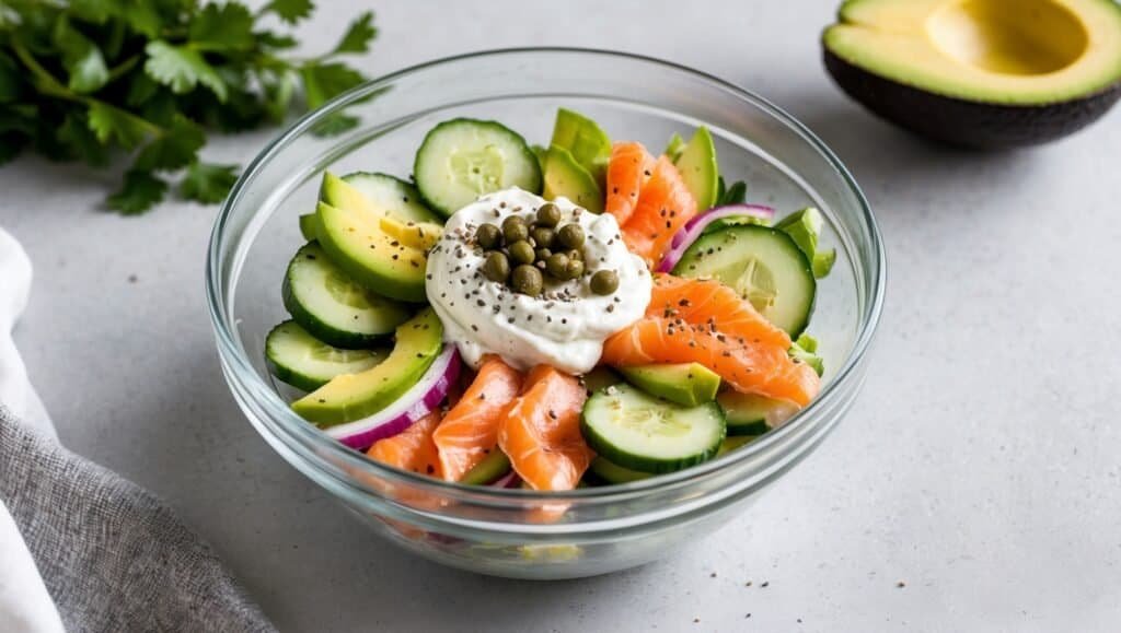 A glass bowl contains a refreshing cucumber salad with sliced cucumbers, avocado, smoked salmon, red onions, cream cheese, and capers. Parsley and a halved avocado are in the background.