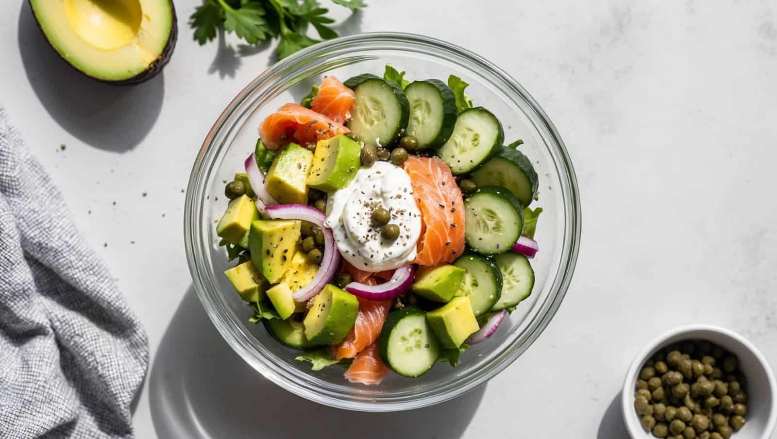 A glass bowl of cucumber salad featuring smoked salmon, avocado chunks, cucumber slices, red onion, capers, and greens, topped with a dollop of cream. An avocado half, parsley sprigs, and a small bowl of capers sit nearby.
