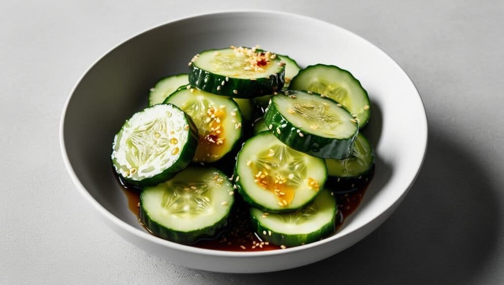 A white bowl filled with cucumber slices topped with sesame seeds and a light sauce, reminiscent of the refreshing cucumber salad you'll find at Din Tai Fung.