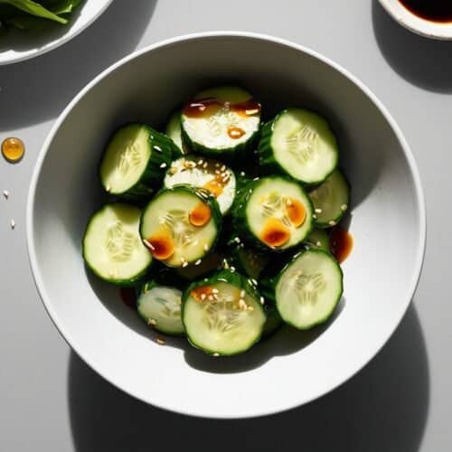 A white bowl filled with cucumber salad drizzled with sauce and sprinkled with sesame seeds, reminiscent of a Din Tai Fung dish, placed on a gray surface near some herbs and a small dish of sauce.