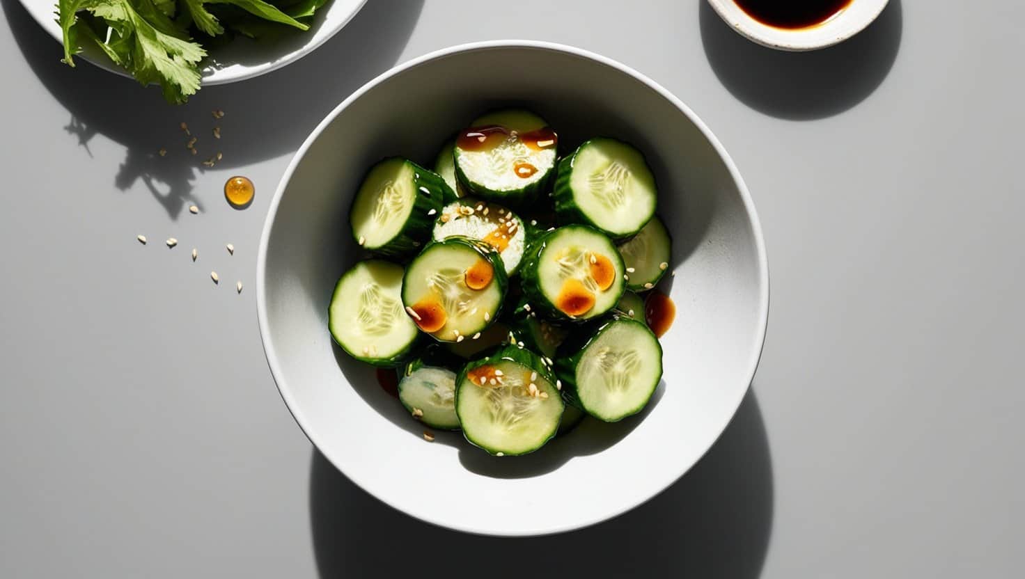 A white bowl filled with cucumber salad drizzled with sauce and sprinkled with sesame seeds, reminiscent of a Din Tai Fung dish, placed on a gray surface near some herbs and a small dish of sauce.