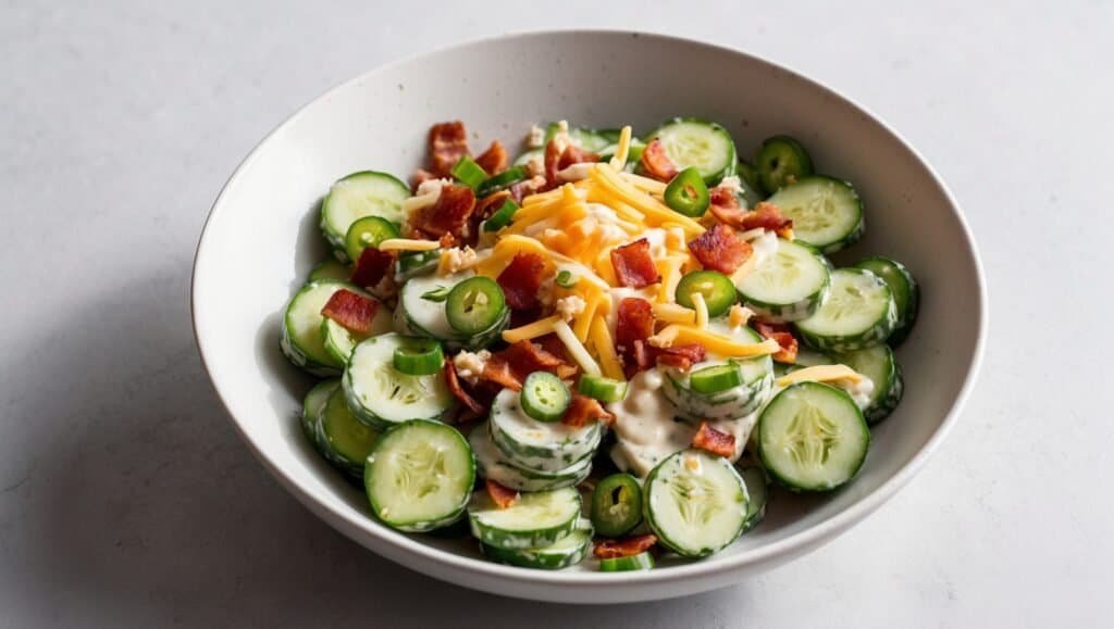 A cucumber salad featuring a bowl of sliced cucumber topped with bacon bits, shredded cheese, and sliced jalapeño peppers, served with a creamy dressing. A jalapeño popper-inspired recipe that's both refreshing and savory.