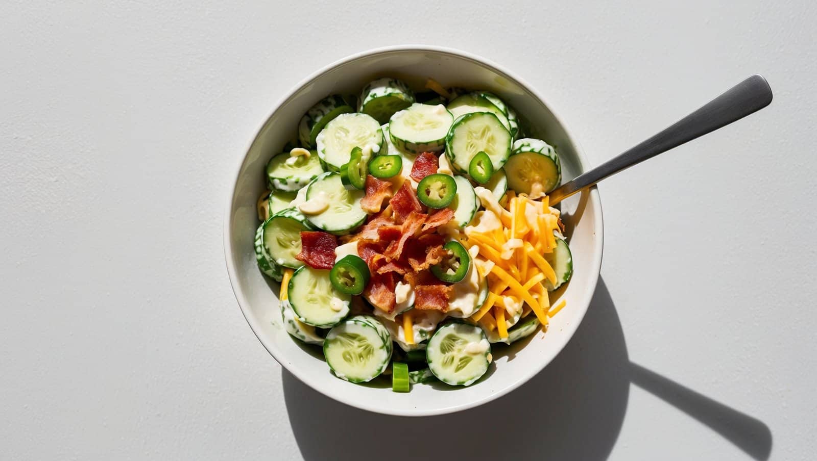 A bowl of cucumber salad containing sliced cucumber, chopped bacon, shredded cheese, jalapeño slices, and a creamy dressing reminiscent of a Jalapeño popper recipe, with a fork placed inside the bowl.