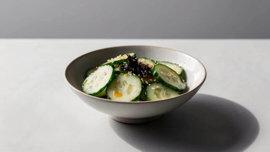 A bowl of sliced cucumbers garnished with what appears to be sesame seeds and a small amount of dark leafy greens, reminiscent of a traditional Japanese cucumber salad, placed on a light gray surface with a shadow cast to the right.