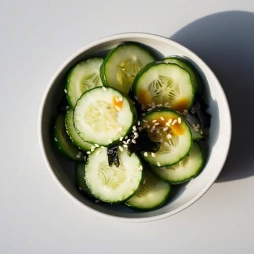 A white bowl containing sliced cucumbers, garnished with sesame seeds and a light sauce, evokes the essence of a classic Japanese cucumber salad, placed on a plain white surface.