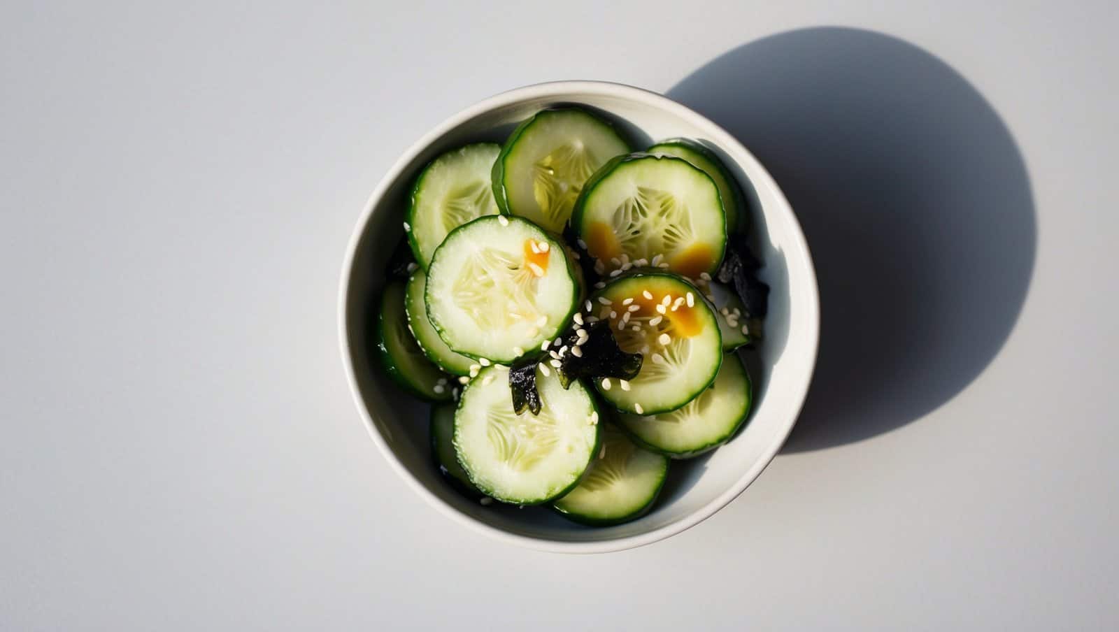 A white bowl containing sliced cucumbers, garnished with sesame seeds and a light sauce, evokes the essence of a classic Japanese cucumber salad, placed on a plain white surface.