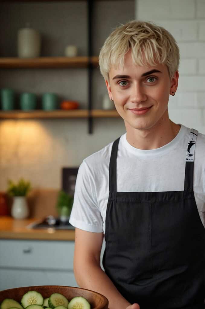 Logan Moffitt, with short blond hair and a white shirt paired with a black apron, stands in the kitchen holding a bowl of freshly sliced cucumbers for a viral cucumber salad. Shelves filled with various items can be seen in the background.