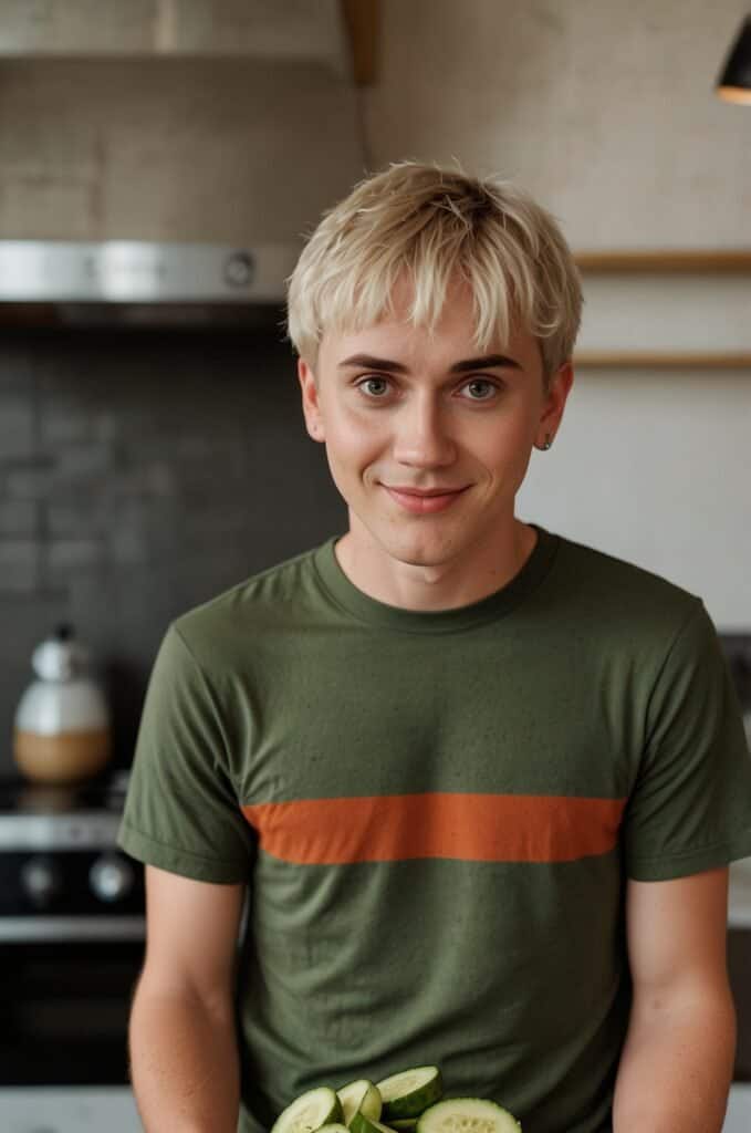Person with short blond hair in a green t-shirt with an orange stripe, holding sliced cucumbers in a kitchen setting, just like Logan Moffitt preparing his viral cucumber salad.