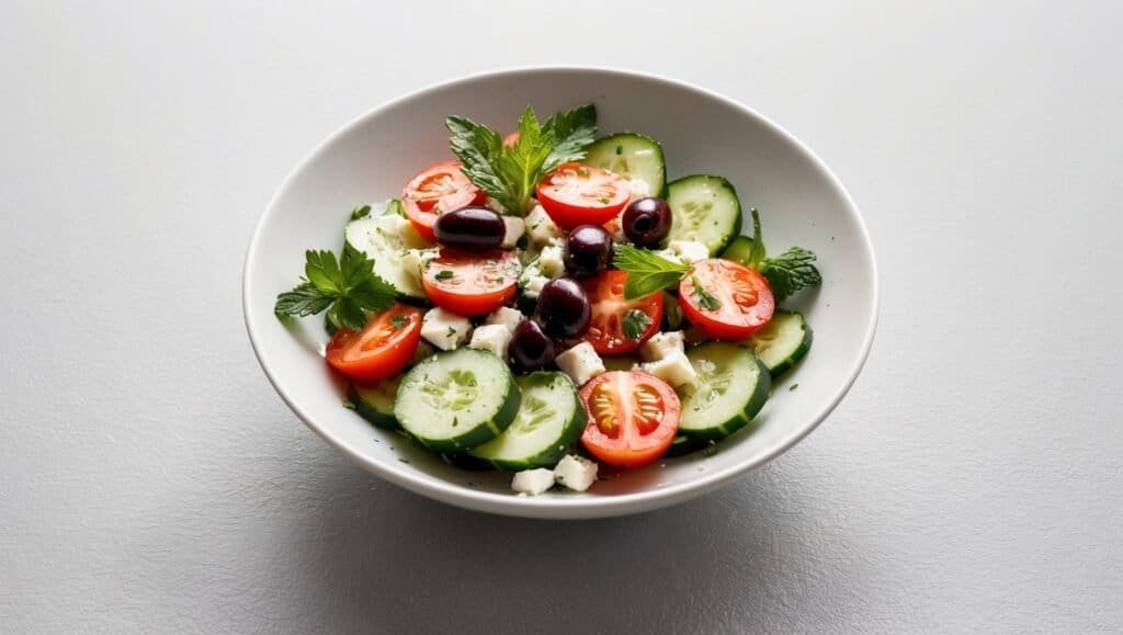 A bowl of Mediterranean cucumber salad containing cucumber slices, cherry tomato halves, feta cheese, black olives, and herbs, placed on a light grey surface.