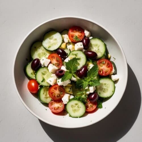 A vibrant bowl of cucumber salad with cherry tomatoes, black olives, feta cheese, and fresh herbs on a light grey background, perfect for a refreshing Mediterranean recipe.