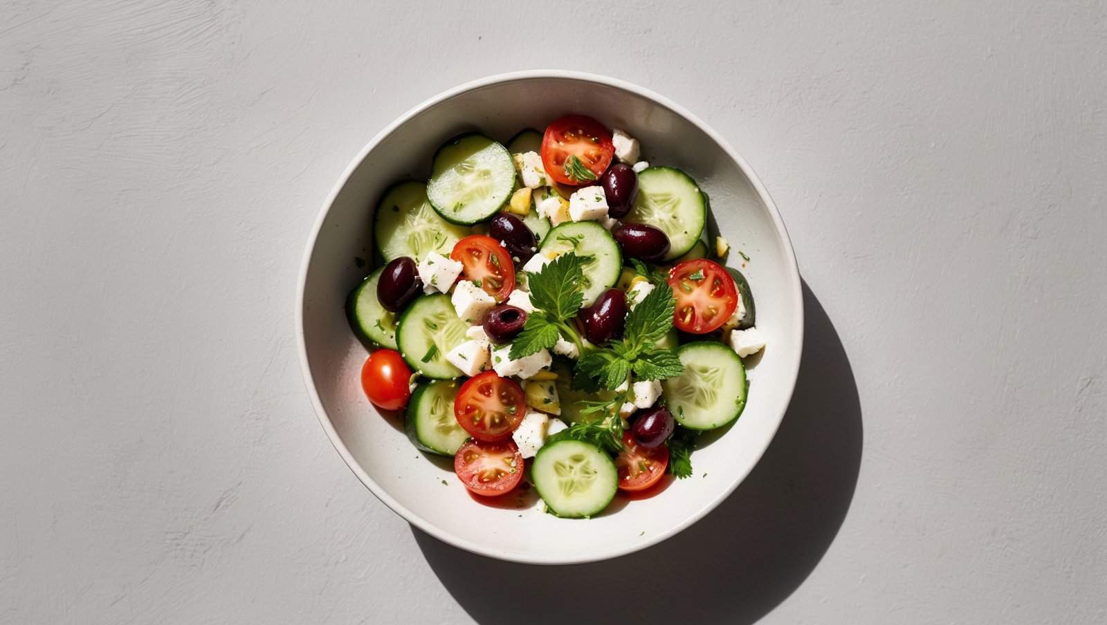 A vibrant bowl of cucumber salad with cherry tomatoes, black olives, feta cheese, and fresh herbs on a light grey background, perfect for a refreshing Mediterranean recipe.