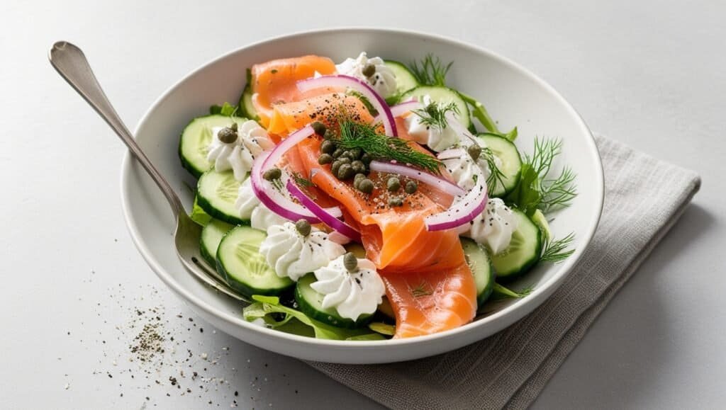 A bowl of salad with slices of smoked salmon, cucumber, red onion, capers, and a dollop of cream cheese reminiscent of a salmon cream cheese bagel, garnished with dill, on a gray napkin with a spoon.