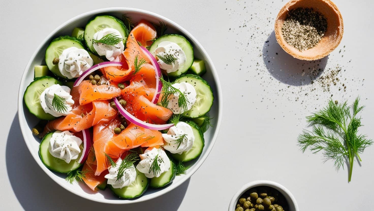 A bowl of salad with smoked salmon, sliced cucumbers, red onions, dollops of cream cheese reminiscent of a salmon cream cheese bagel, and dill garnish. Nearby are a bowl of capers, a small dish of pepper, a sprig of dill, and scattered pepper.