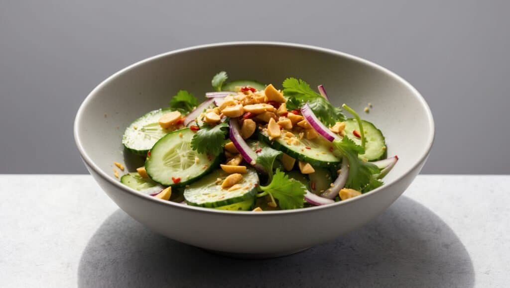 A bowl containing a Spicy Thai Cucumber Salad with sliced cucumbers, red onions, cilantro, crushed peanuts, and red chili flakes.