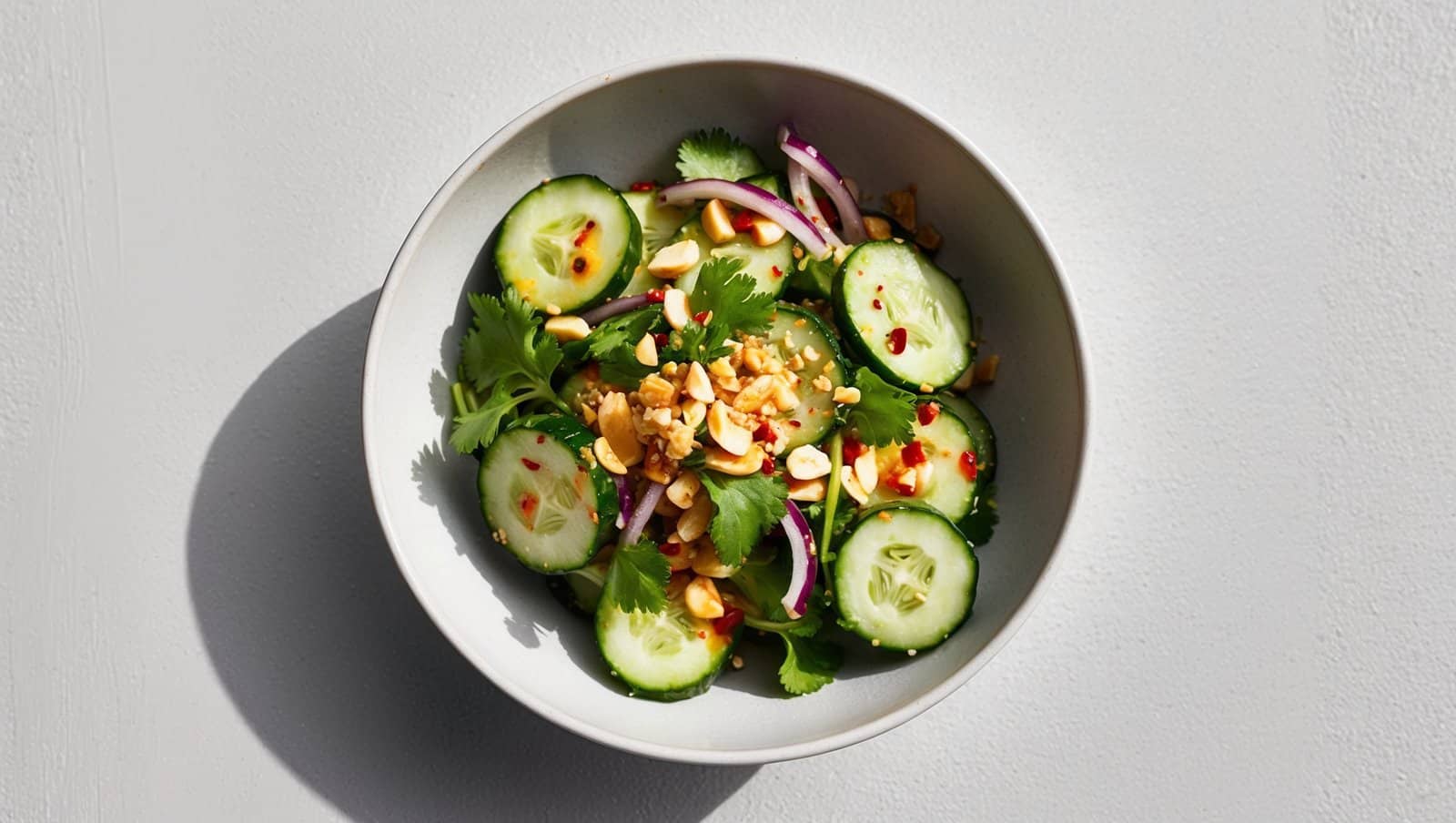 A white bowl contains a Spicy Thai cucumber salad made of cucumber slices, red onion, cilantro, and chopped peanuts, all tossed in a light dressing.