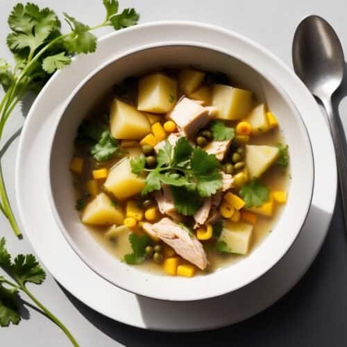 A bowl of traditional Colombian Ajiaco soup with chicken, potatoes, corn, peas, and cilantro on a white surface. A spoon and cilantro garnish are nearby.