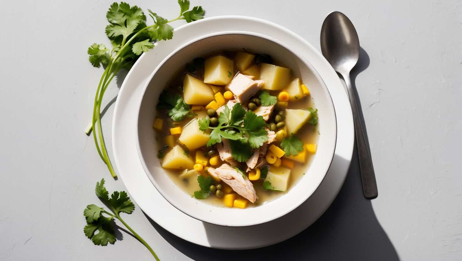 A bowl of traditional Colombian Ajiaco soup with chicken, potatoes, corn, peas, and cilantro on a white surface. A spoon and cilantro garnish are nearby.
