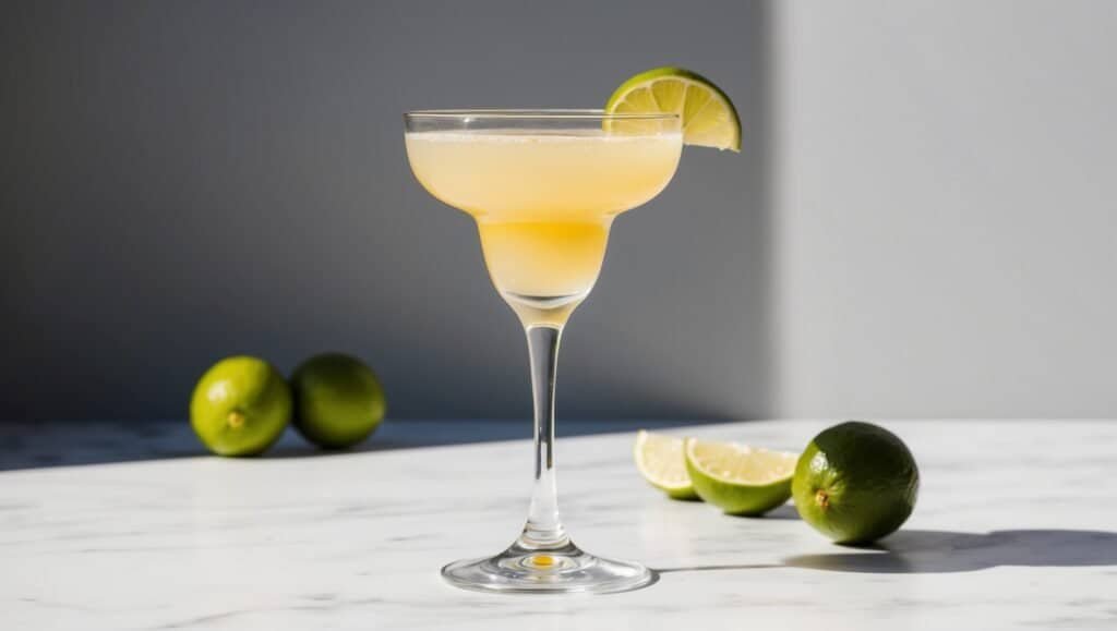 A margarita glass filled with a light yellow cocktail, reminiscent of the classic Caipirinha, is garnished with a lime slice and surrounded by whole and sliced limes on a marble surface.