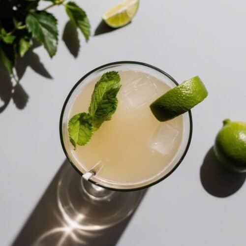 A classic Caipirinha garnished with mint and a lime slice, surrounded by whole limes and lush greenery on a light surface, brings a taste of Brazil to life.