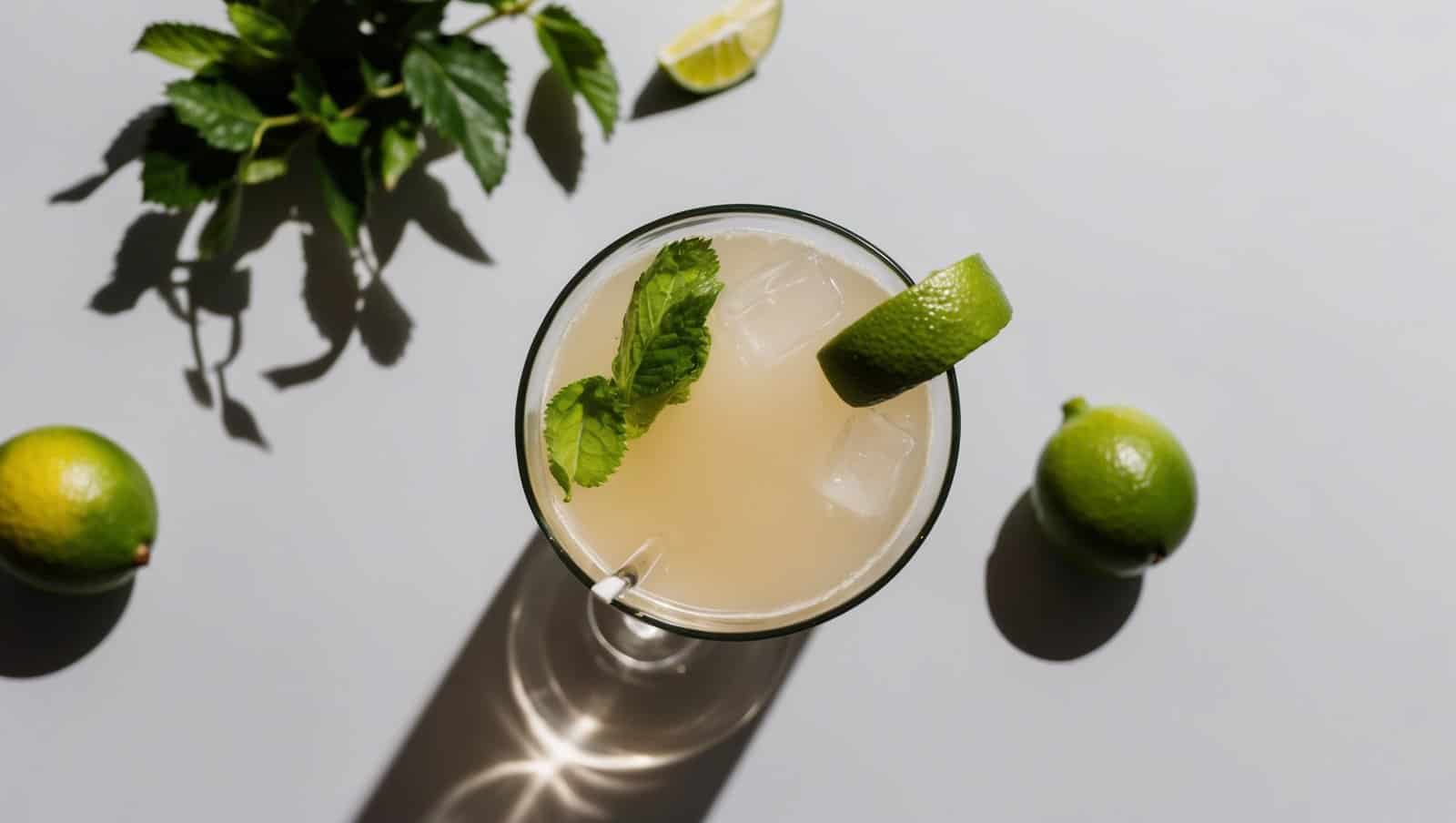 A classic Caipirinha garnished with mint and a lime slice, surrounded by whole limes and lush greenery on a light surface, brings a taste of Brazil to life.