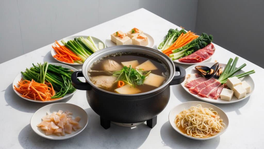A delicious Chinese hot pot is surrounded by plates of colorful vegetables, tender tofu, fresh seafood, sliced meat, and noodles on a white table, perfect for a cozy home recipe.