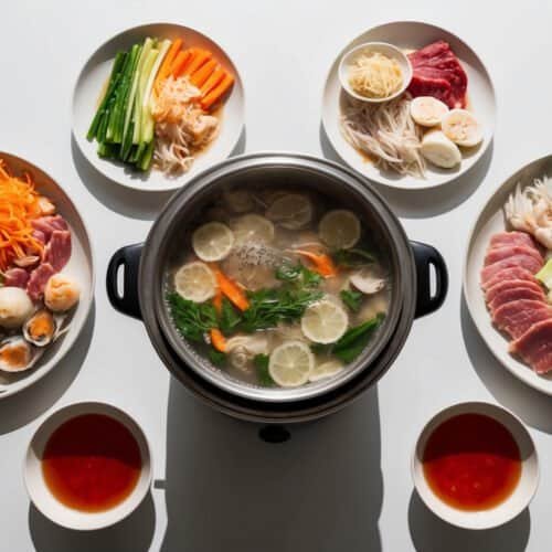 A traditional Chinese hot pot with broth in the center is surrounded by plates of sliced meat, seafood, vegetables, noodles, tofu, and dipping sauces on a white surface—perfect for recreating this home recipe.