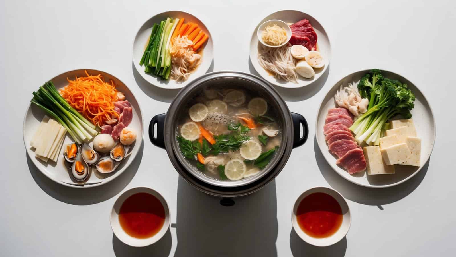 A traditional Chinese hot pot with broth in the center is surrounded by plates of sliced meat, seafood, vegetables, noodles, tofu, and dipping sauces on a white surface—perfect for recreating this home recipe.