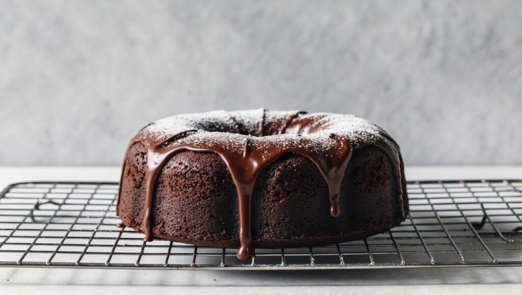 Moist chocolate bundt cake with drizzled chocolate glaze and a dusting of powdered sugar rests on a cooling rack, a recipe for perfection.