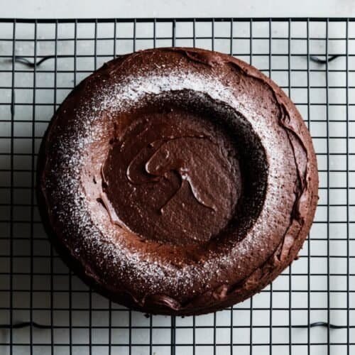 A moist chocolate cake dusted with powdered sugar rests on a cooling rack.