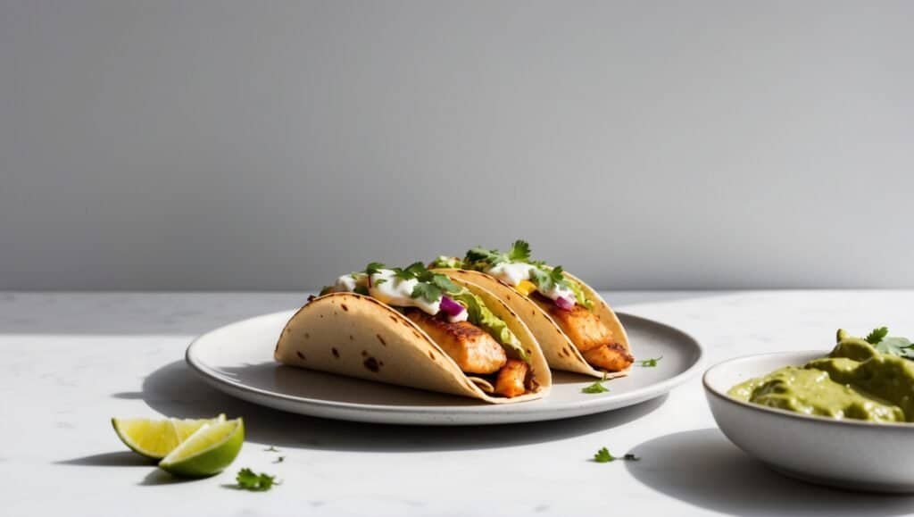 Two tacos with grilled chicken, garnished with cilantro and onions, on a plate. Lime wedges and a bowl of guacamole are nearby. A side of tangy slaw adds a zesty twist to this vibrant meal.