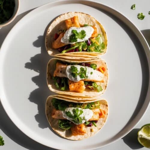 Three fresh fish tacos rest on a white plate, garnished with cilantro and sauce. Lime wedges and cilantro leaves are artfully scattered around, adding a lively touch to this tangy slaw-topped delight.
