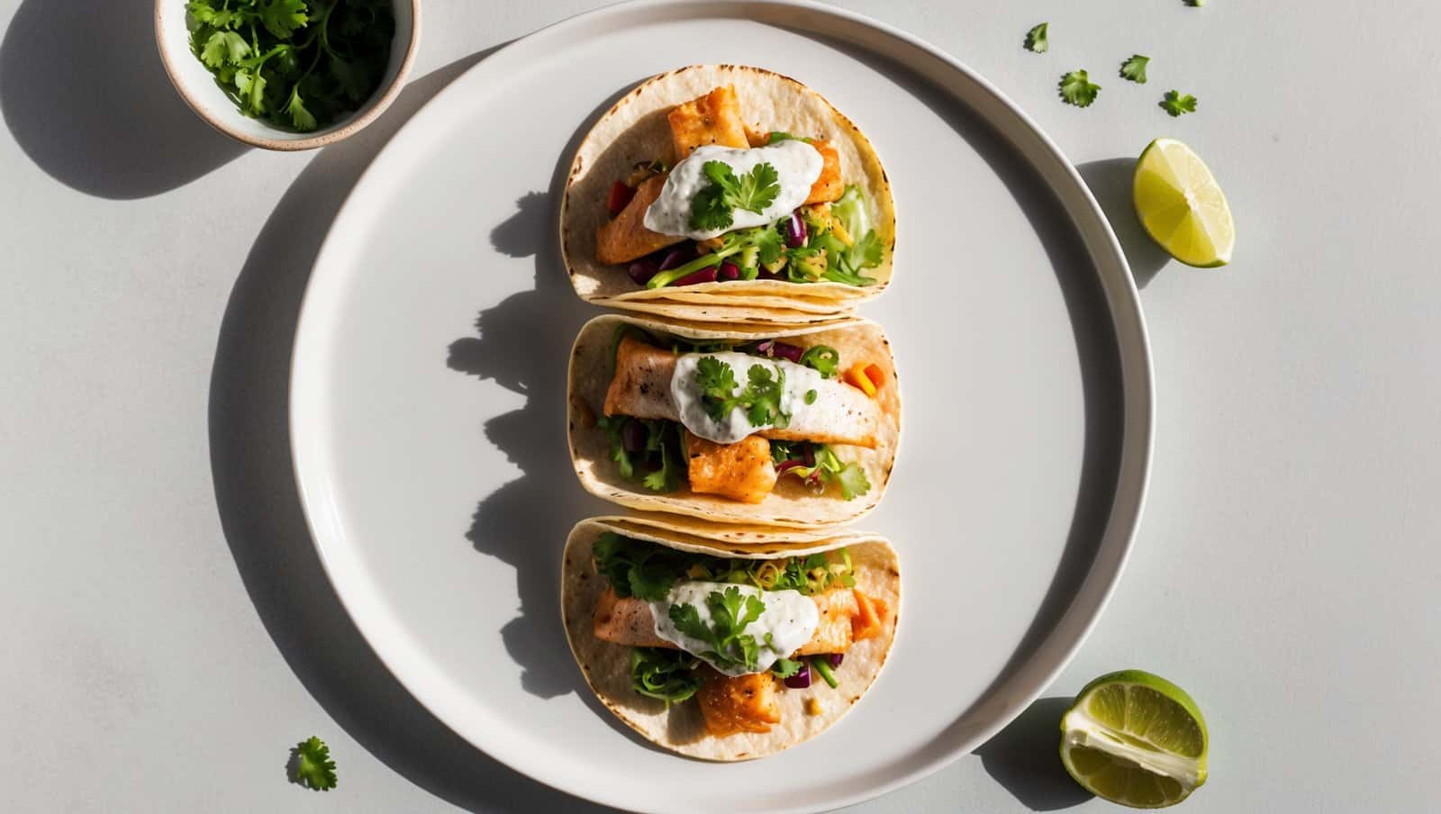 Three fresh fish tacos rest on a white plate, garnished with cilantro and sauce. Lime wedges and cilantro leaves are artfully scattered around, adding a lively touch to this tangy slaw-topped delight.
