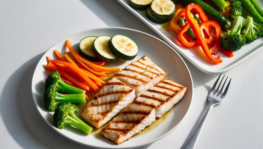 Grilled fish with broccoli, carrot, and zucchini slices artfully arranged on a plate. A recipe of vibrant flavors, accompanied by a tray with more sautéed vegetables in the background. A fork is beside the plate, ready for your culinary adventure.