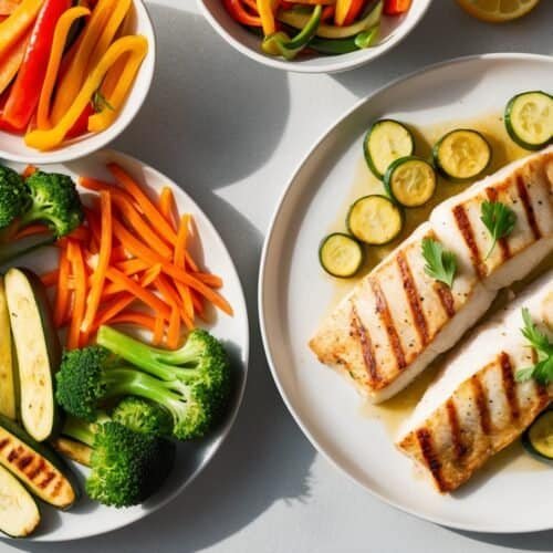 Grilled fish with zucchini on a plate, accompanied by bowls of vibrant sautéed vegetables like broccoli, carrot sticks, and bell peppers.