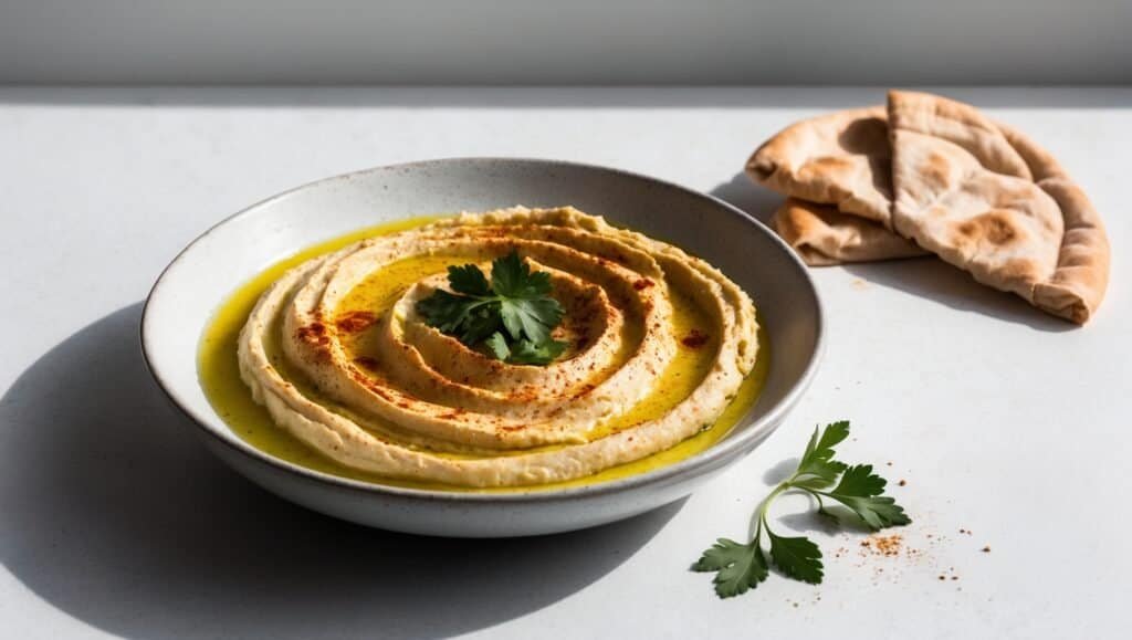 A bowl of classic hummus garnished with olive oil, paprika, and parsley sits invitingly next to two pieces of warm pita bread on the table.