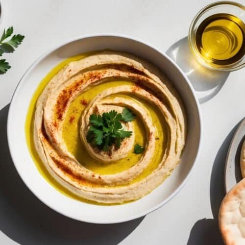 A bowl of classic hummus garnished with parsley and paprika, accompanied by a drizzle of olive oil and warm pita bread on a light background.