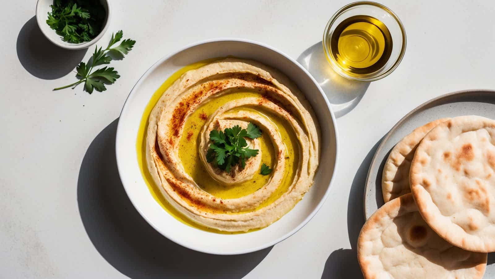 A bowl of classic hummus garnished with parsley and paprika, accompanied by a drizzle of olive oil and warm pita bread on a light background.