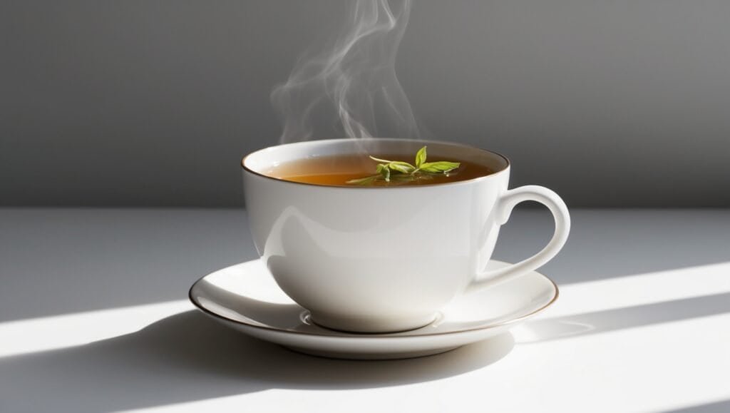 A steaming cup of soothing jasmine tea with mint leaves sits on a white saucer against a gray background.