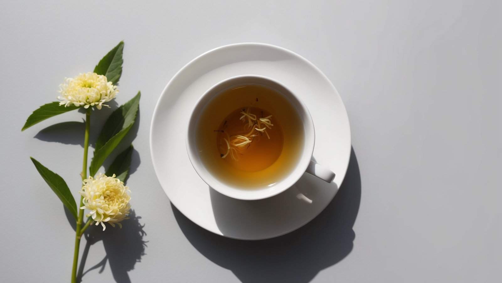 A white cup of soothing floral tea with floating flowers rests on a saucer. Beside it lies a sprig with two small yellow blooms, all elegantly set on a gray surface.