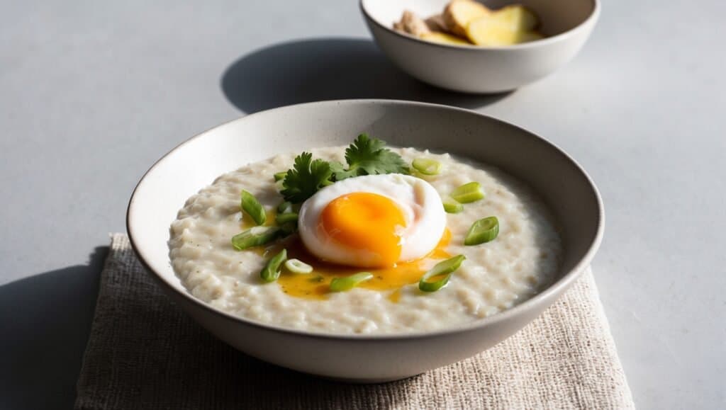 A bowl of Thai rice porridge, or jok, is topped with a soft-boiled egg, green onions, and cilantro. A bowl with sliced ginger sits invitingly in the background.