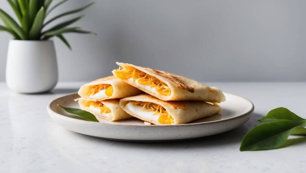 A plate with folded quesadillas filled with melted cheese, placed on a white surface next to green leaves and a small potted plant, reminiscent of a Thai Crepes recipe, bursts with savory delight.