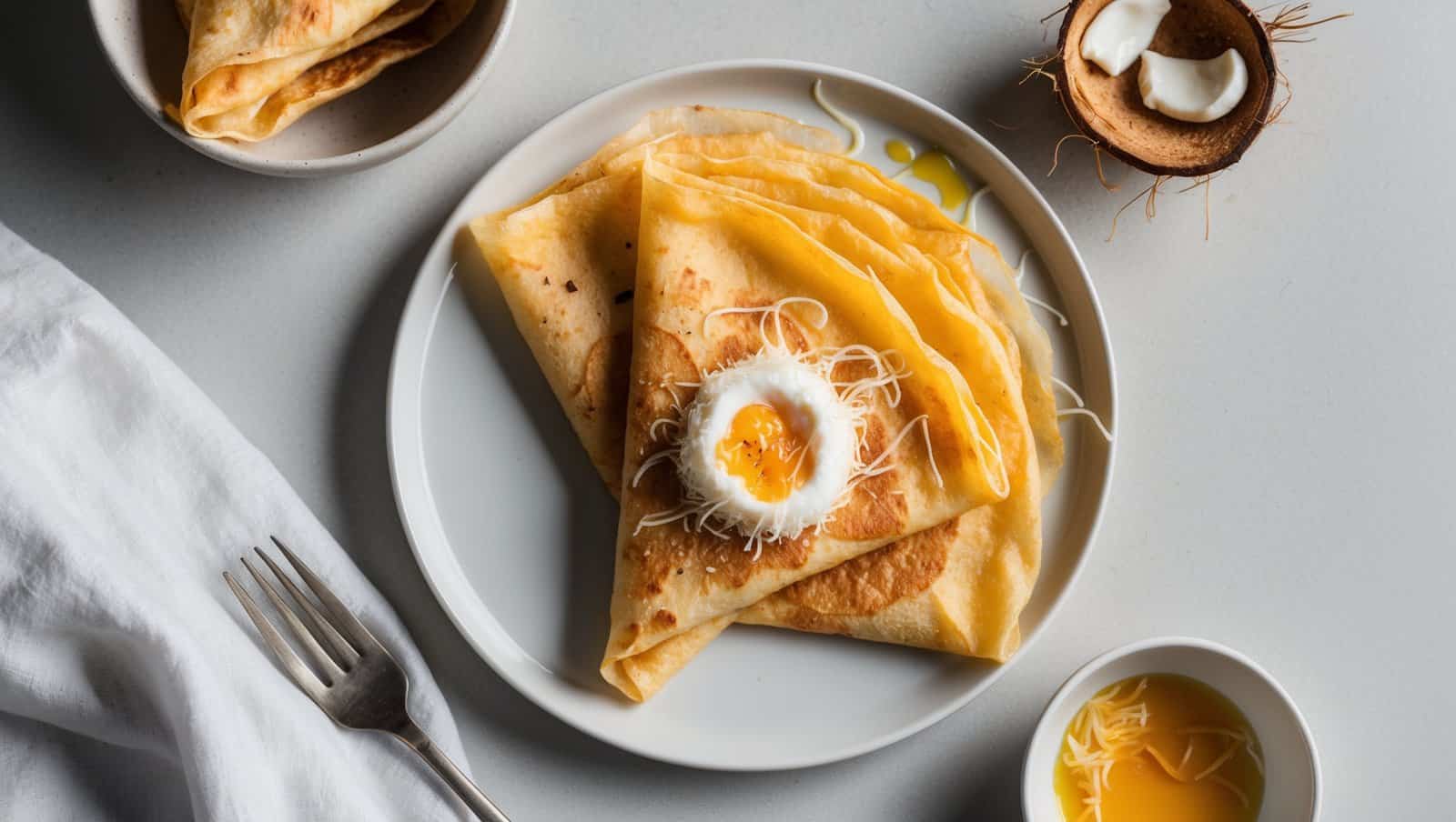 A plate of folded Thai crepes, known as Khanom Buang, topped with a soft-boiled egg and shredded cheese. A fork, napkin, and small bowls of coconuts and sauce are nearby. Perfect for those seeking an exotic twist on the classic crepe recipe.