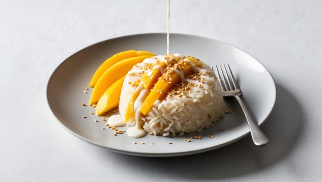 A plate of Thai mango slices and sticky rice drizzled with sauce, garnished with sesame seeds. A fork is placed beside the dish.