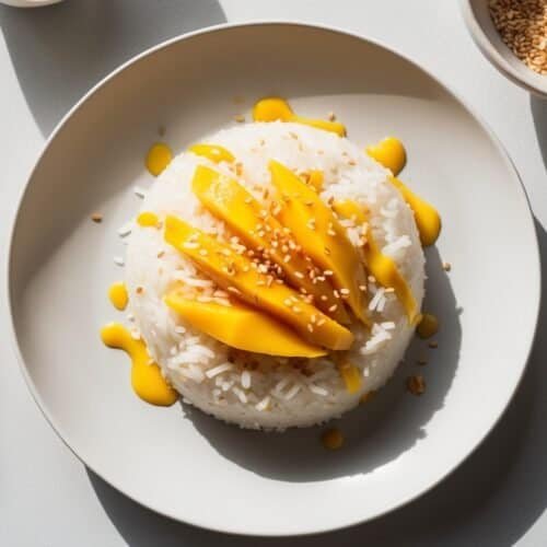 A plate of Thai sticky rice, or Khao Neow, is beautifully topped with luscious mango slices and sprinkled with sesame seeds. Chopsticks lie elegantly to the side, while a bowl filled with extra sesame seeds awaits nearby.